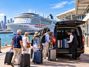 Station Pier maxi taxi collecting a cruise group at Port Melbourne