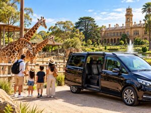 Maxi taxi taking a family group to Werribee Open Range Zoo